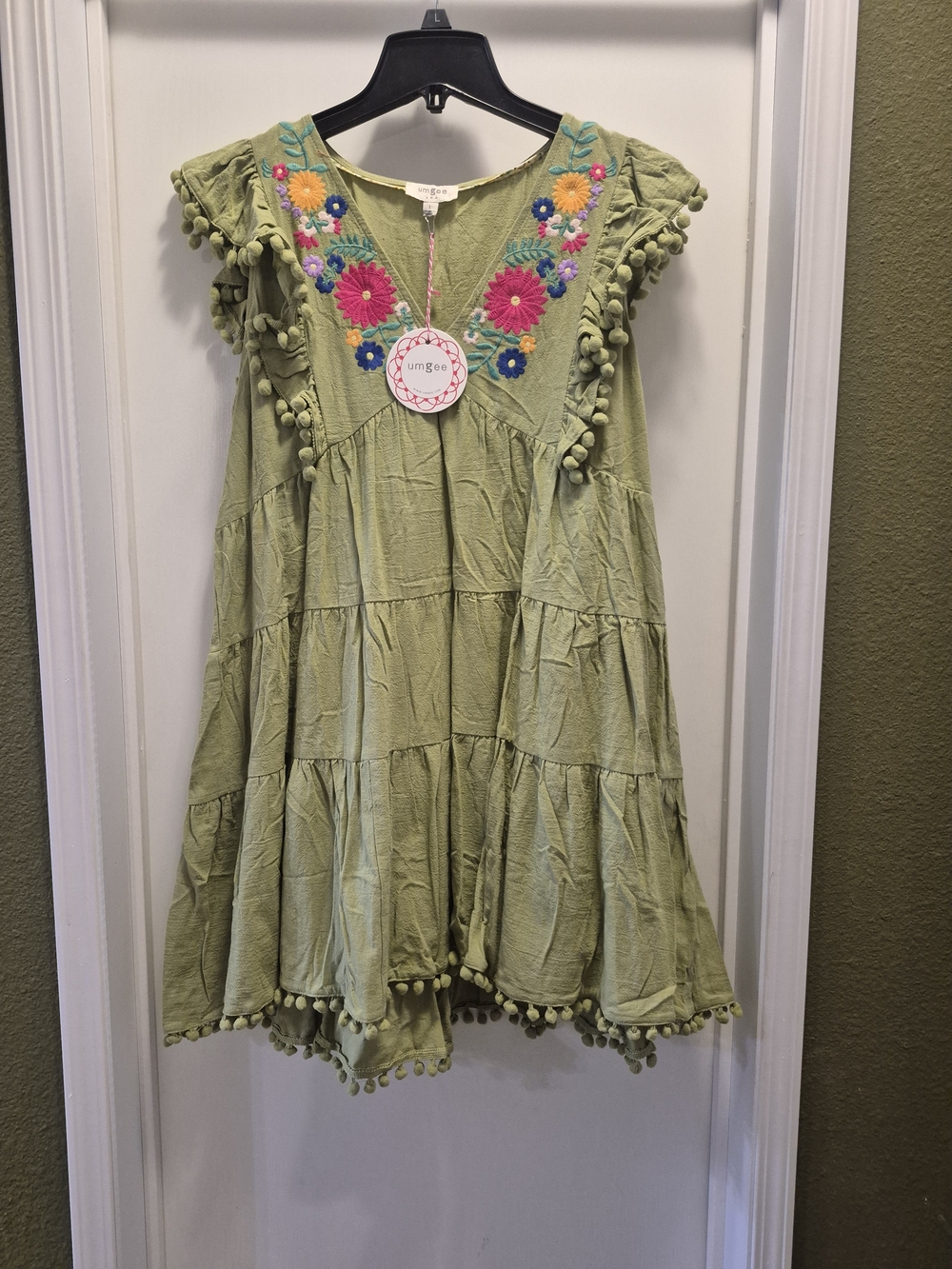 Umgee Olive Floral Embroidered Pom-Pom Dress
